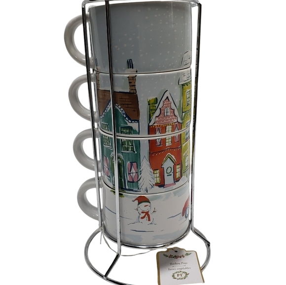 Pier 1 Stacking Christmas Village Winter Stoneware Mugs Set of 4 Metal S… - Picture 16 of 16